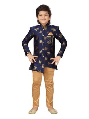Blue embroidered jacquard boys-sherwani 1