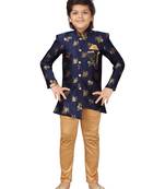 Blue embroidered jacquard boys-sherwani