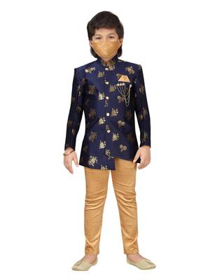 Blue embroidered jacquard boys-sherwani 2