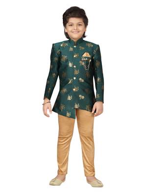 Green embroidered
 jacquard boys-sherwani 1