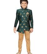 Green embroidered
 jacquard boys-sherwani