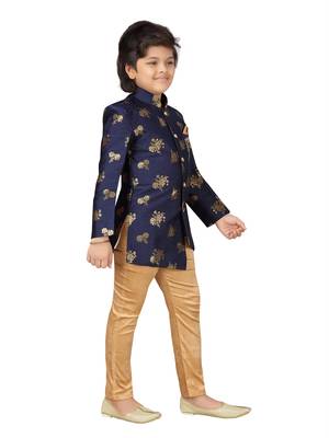 Blue embroidered jacquard boys-sherwani 5