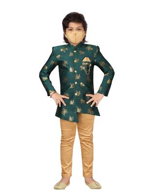 Green embroidered
 jacquard boys-sherwani 2