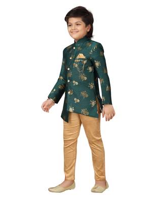 Green embroidered
 jacquard boys-sherwani 3