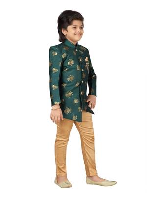 Green embroidered
 jacquard boys-sherwani 5