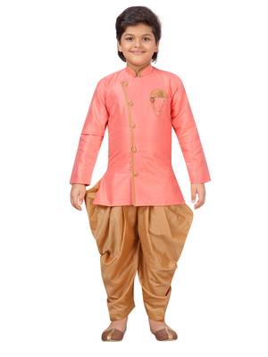 Pink plain
 silk blend boys-sherwani 1