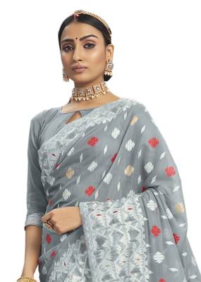 Grey woven cotton silk saree with blouse 2