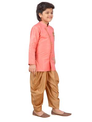 Pink plain
 silk blend boys-sherwani 4