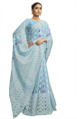 Sky blue woven cotton silk saree with blouse 1