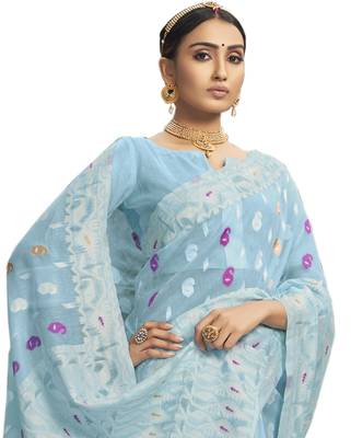 Sky blue woven cotton silk saree with blouse 2