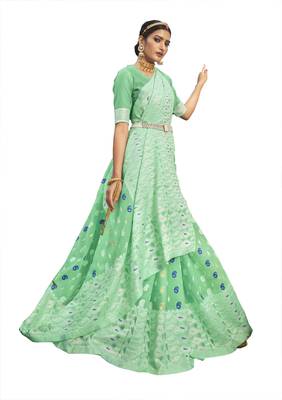 Green woven cotton silk saree with blouse 1