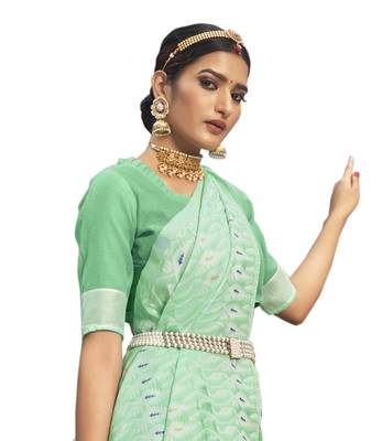 Green woven cotton silk saree with blouse 2