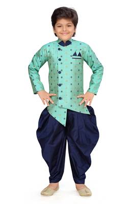 Green printed cotton knitted boys-sherwani 1