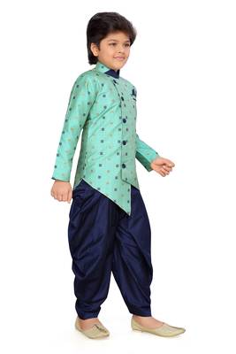 Green printed cotton knitted boys-sherwani 4