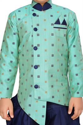 Green printed cotton knitted boys-sherwani 5