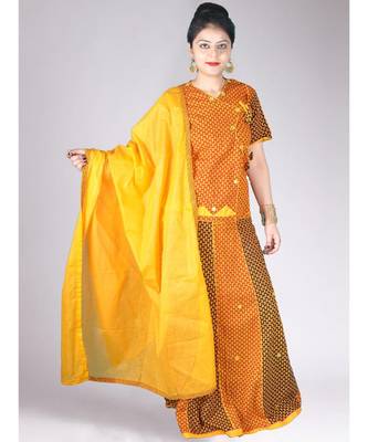 Yellow & Red Choli Style Cotton Jaipuri Lehenga Set With Mirror Work 1