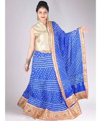 Dark Blue Satin Silk Bandhej Lehenga Set With Gota Work Border & Choli 1