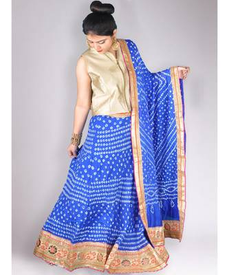 Dark Blue Satin Silk Bandhej Lehenga Set With Gota Work Border & Choli 2
