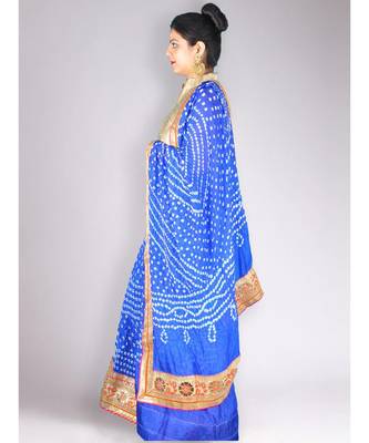 Dark Blue Satin Silk Bandhej Lehenga Set With Gota Work Border & Choli 3
