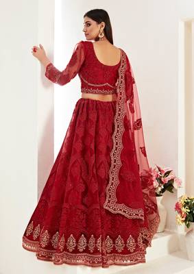 Red embroidered net semi stitched lehenga 2