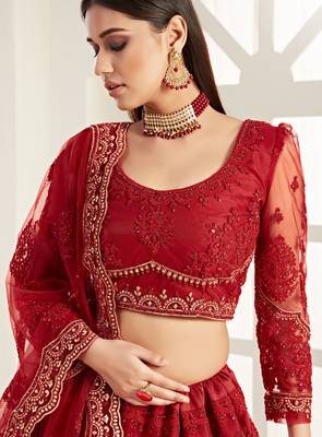 Red embroidered net semi stitched lehenga 3
