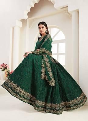 Green embroidered net semi stitched lehenga 2