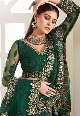 Green embroidered net semi stitched lehenga 3