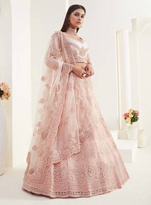 Peach embroidered net semi stitched lehenga 1