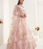 Peach embroidered net semi stitched lehenga