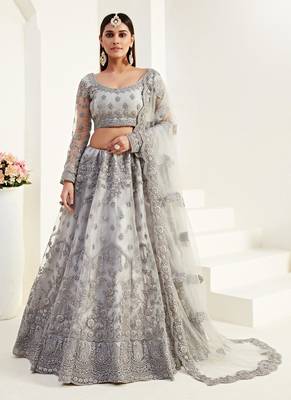 Grey embroidered net semi stitched lehenga 1