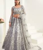 Grey embroidered net semi stitched lehenga