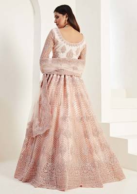 Peach embroidered net semi stitched lehenga 2