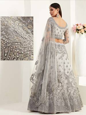 Grey embroidered net semi stitched lehenga 2