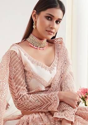 Peach embroidered net semi stitched lehenga 3