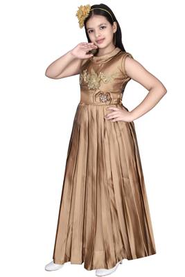 gold plain satin kids girl gowns 2