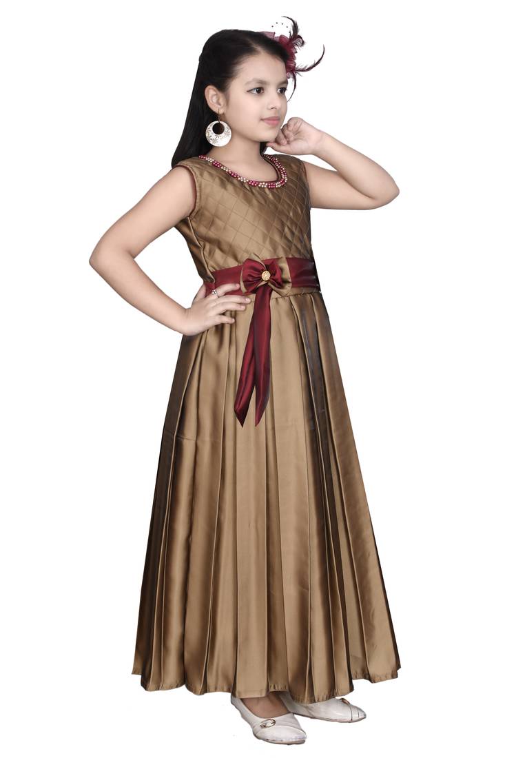 gold plain satin kids girl gowns