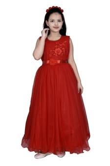 red plain satin kids girl gowns