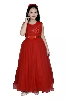 red plain satin kids girl gowns