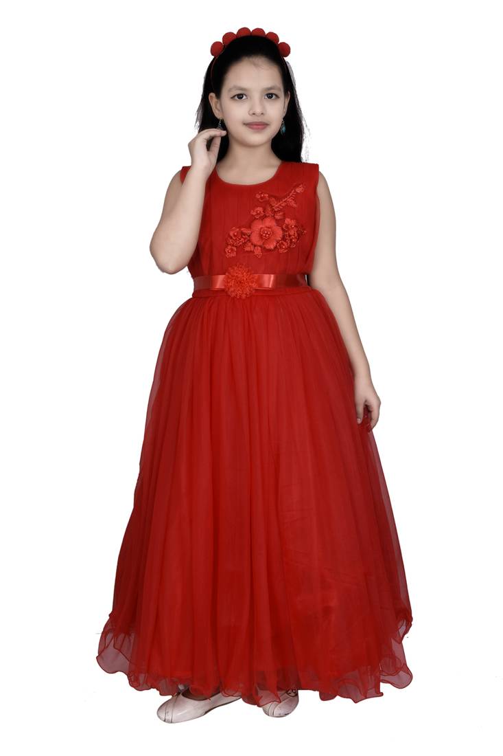 red plain satin kids girl gowns