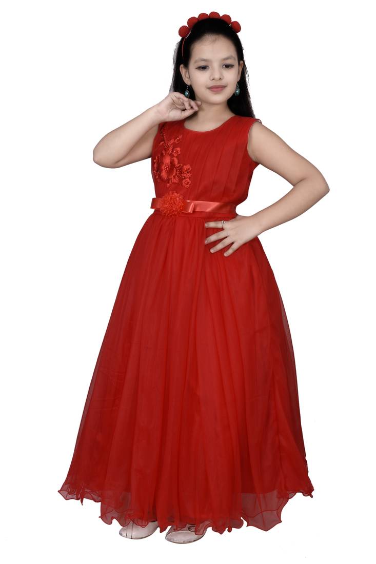 red plain satin kids girl gowns