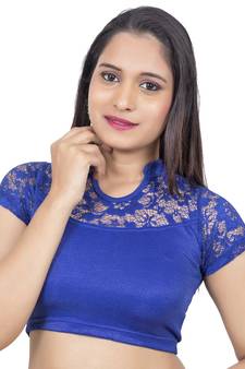 Royal Blue Lycra Stretchable Stand Coller Short Net Sleeves Readymade Saree Blouse