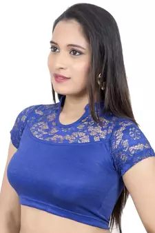 Royal Blue Lycra Stretchable Stand Coller Short Net Sleeves Readymade Saree Blouse