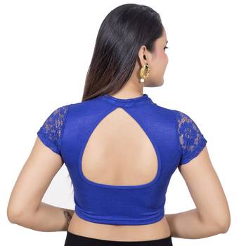 Royal Blue Lycra Stretchable Stand Coller Short Net Sleeves Readymade Saree Blouse 4