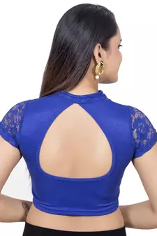 Royal Blue Lycra Stretchable Stand Coller Short Net Sleeves Readymade Saree Blouse
