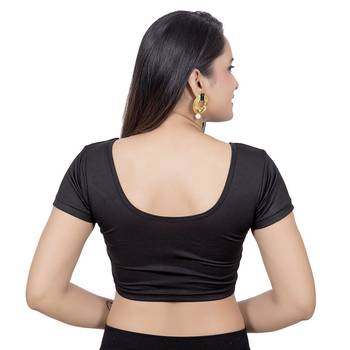Black Short Sleeves Lycra Princess Cut Stretchable Readymade Saree Blouse 4