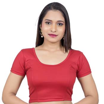 Red Short Sleeves Lycra Princess Cut Stretchable Readymade Saree Blouse 1
