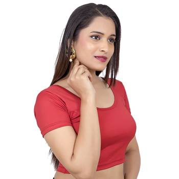 Red Short Sleeves Lycra Princess Cut Stretchable Readymade Saree Blouse 2