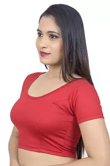 Red Short Sleeves Lycra Princess Cut Stretchable Readymade Saree Blouse
