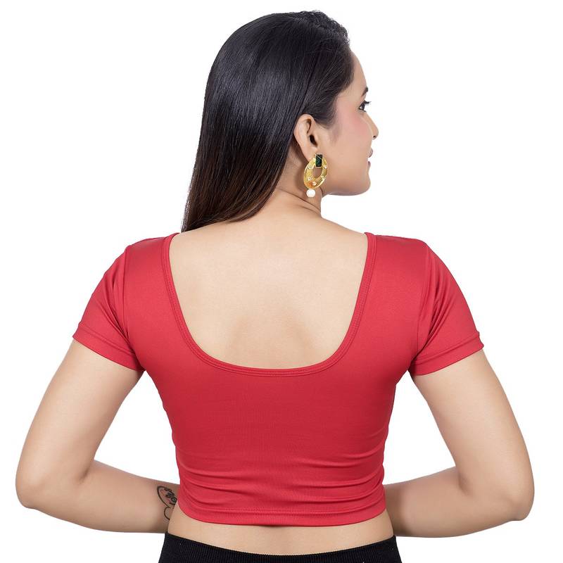 Red Short Sleeves Lycra Princess Cut Stretchable Readymade Saree Blouse