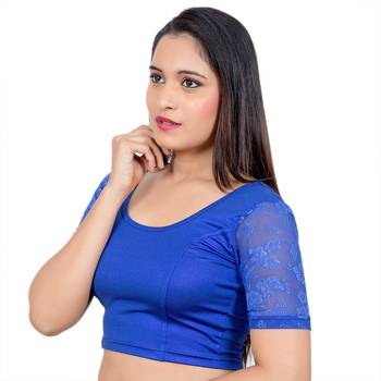 Royal Blue Short Net Sleeves Lycra Princess Cut Stretchable Readymade Saree Blouse 3